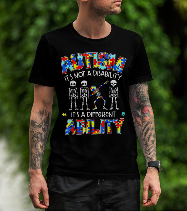 Autism It's Not A Disability It's A Different Ability Dabbing Skeleton With Puzzle Piece T-Shirt