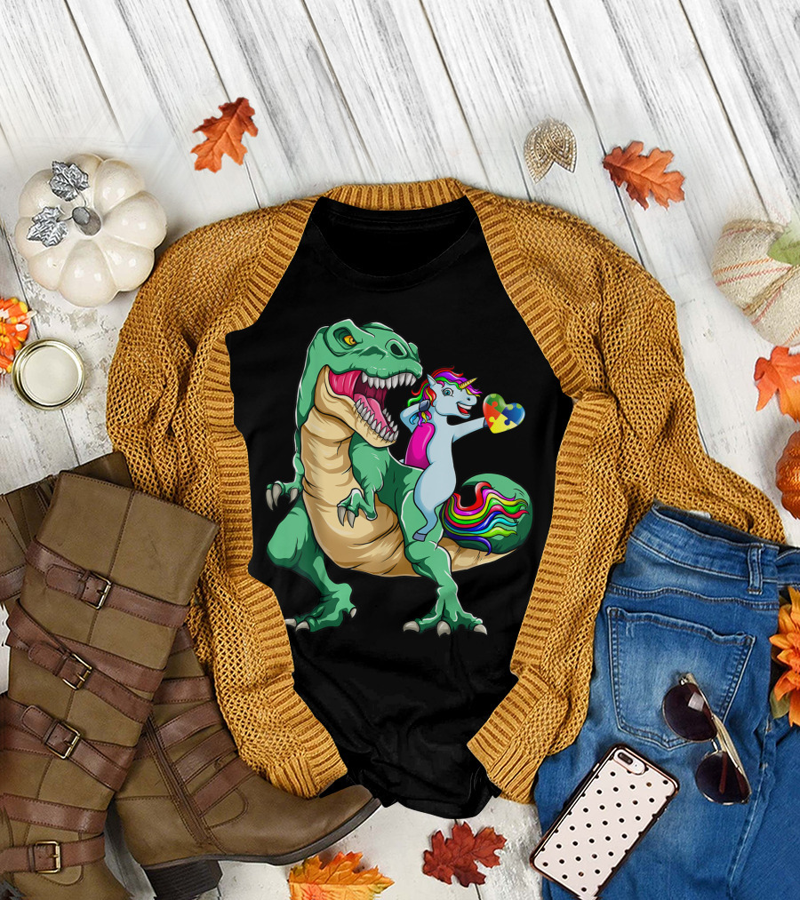 Dabbing Unicorn Riding Dinosaur Holding Autism Awareness Puzzle Heart T-Shirt