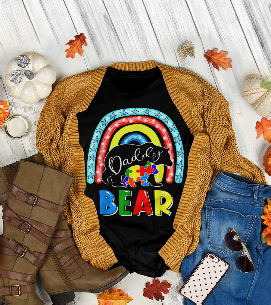 Daddy Bear Autism Awareness Rainbow Puzzle Piece Support Autistic T-Shirt
