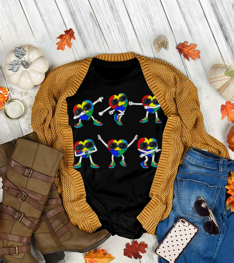 Dancing Hearts Puzzle Pieces Sunglasses Autism T-Shirt