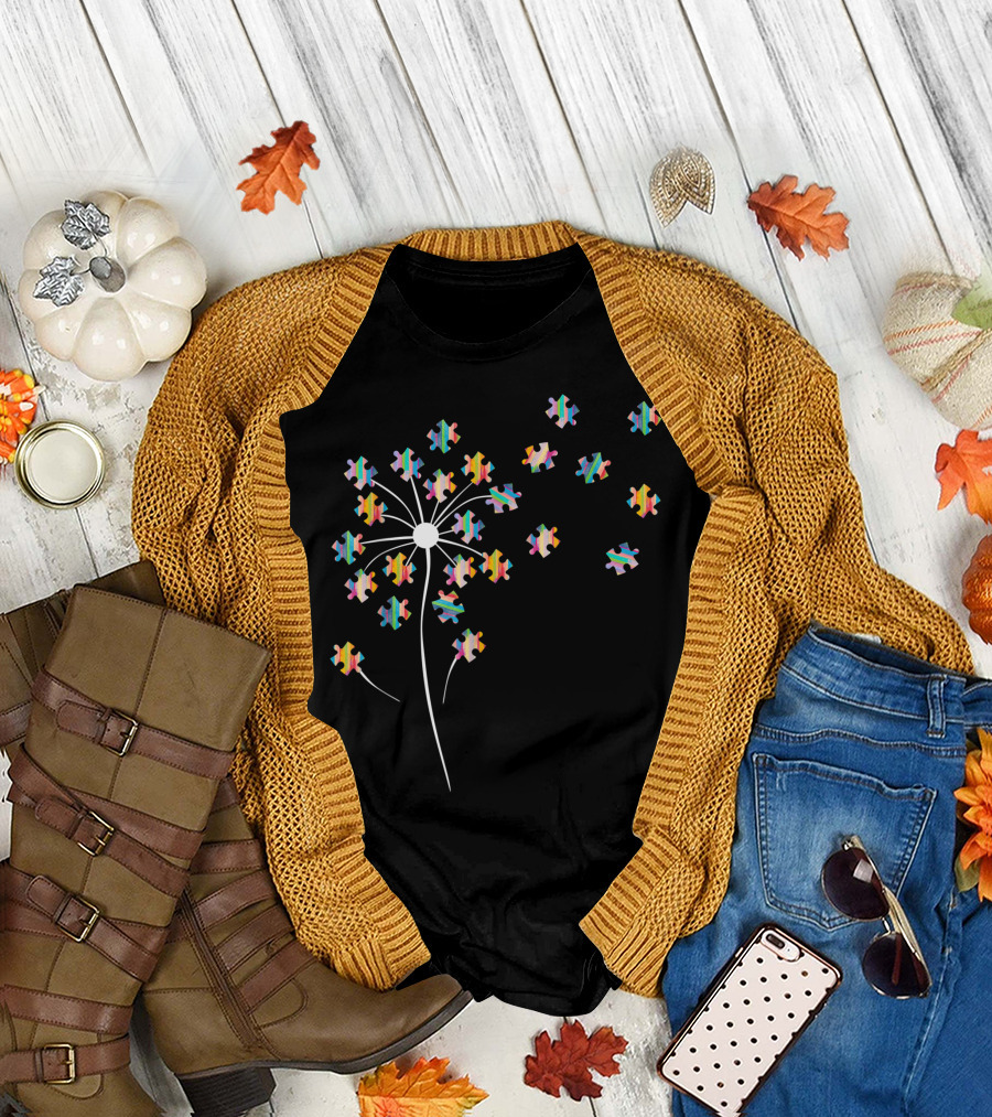 Dandelion Puzzle Pieces Autism Awareness Support T-Shirt