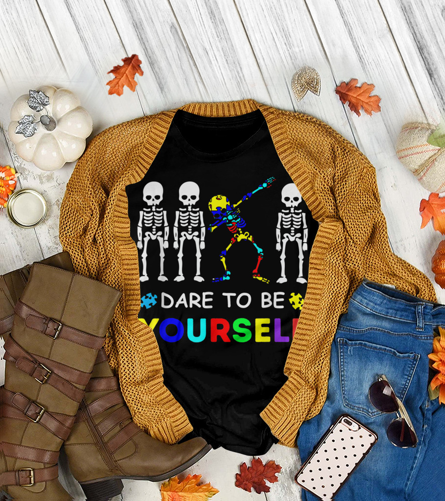 Dare To Be Yourself Autism Awareness Colorful Skeleton Dabbing T-Shirt
