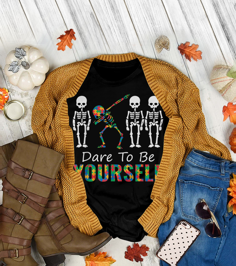 Dare To Be Yourself Skeleton Dabbing Kids Autism Awareness Puzzle T-Shirt
