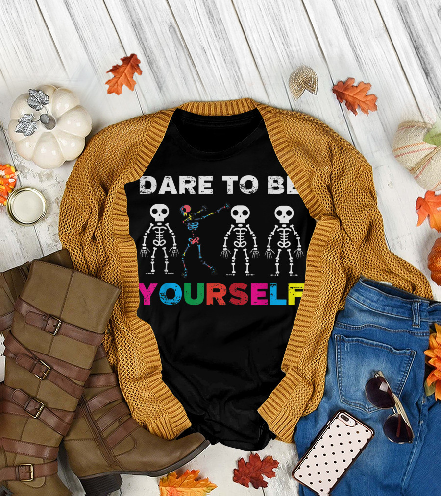 Dare To Be Yourself Autism Awareness Day Colorful Skeletons T-Shirt