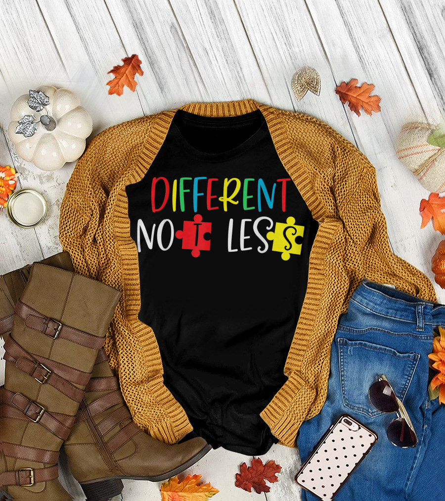 Different Not Less Autism Awareness Puzzle Multicolor Letters with Red and Yellow Puzzle Pieces T-Shirt