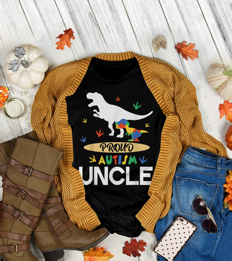 Proud Autism Uncle Dinosaur Puzzle Piece T-Shirt