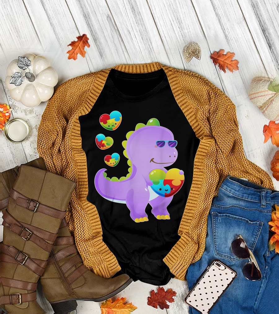 Dinosaur Holding Puzzle Piece Hearts Autism Awareness T-Shirt