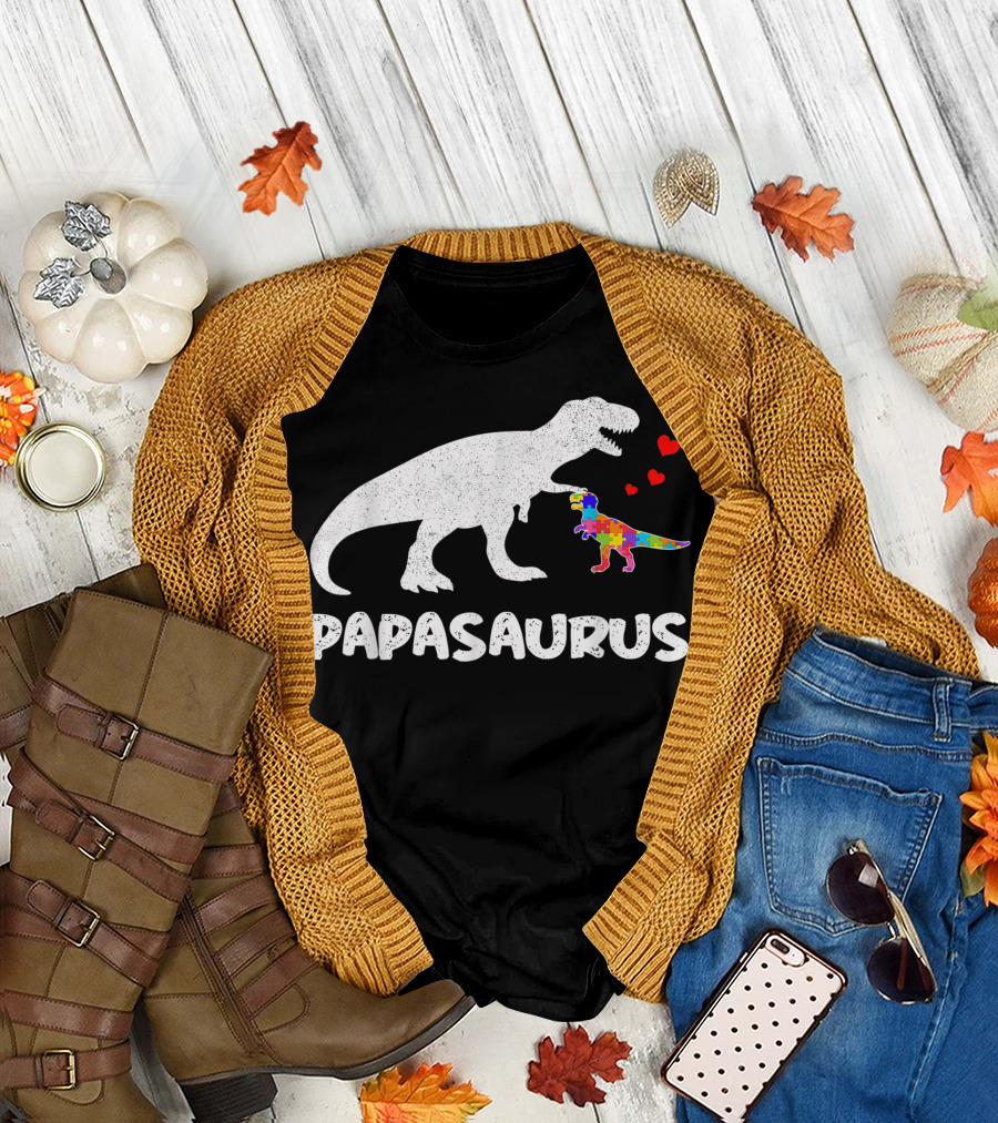 Papasaurus Dinosaur with Puzzle Pattern Hearts Autism Awareness T-Shirt