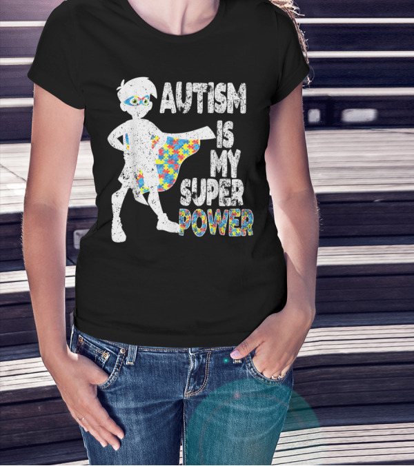 Autism Is My Super Power Puzzle Cape Hero Boy Autism Awareness T-Shirt