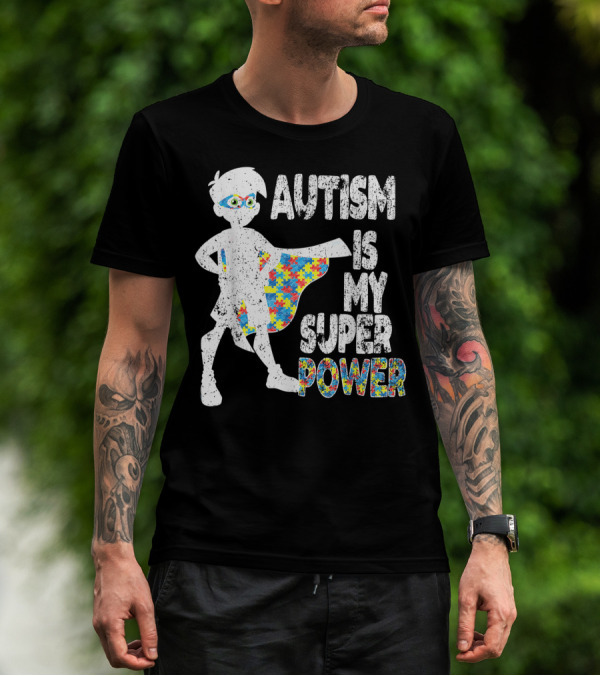 Autism Is My Super Power Puzzle Cape Hero Boy Autism Awareness T-Shirt