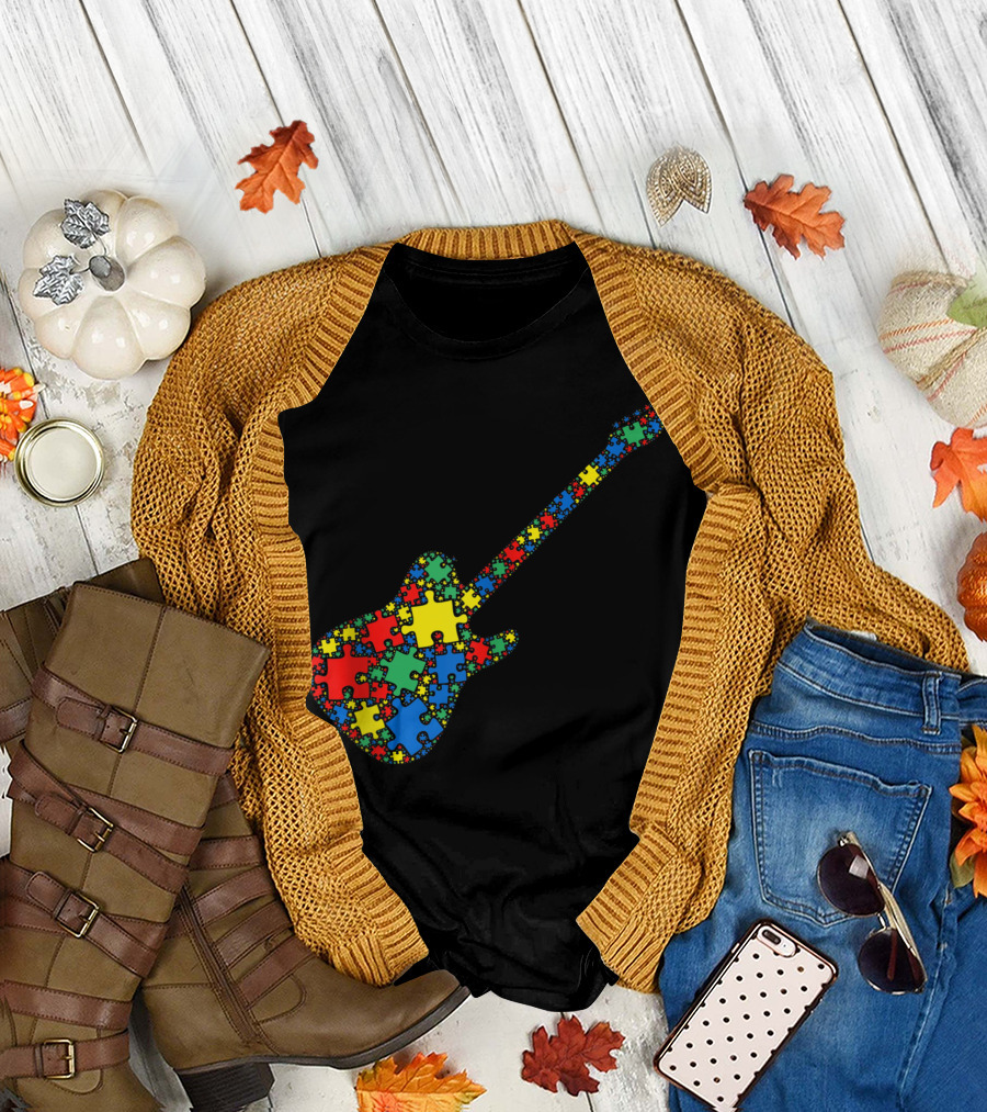 Electric Guitar Autism Awareness Puzzle Pattern for Women and Men I9 T-Shirt