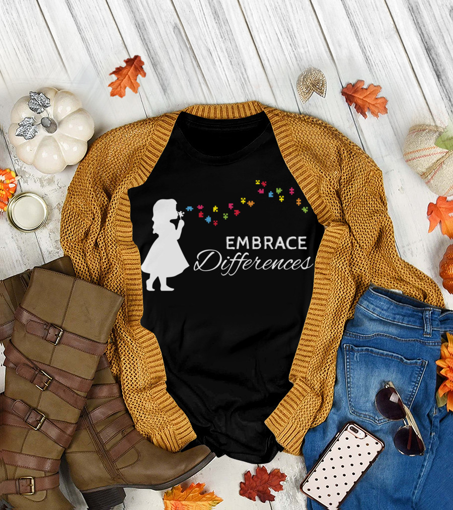 Embrace Differences Autism Awareness Girl Silhouette Puzzle Pieces T-Shirt