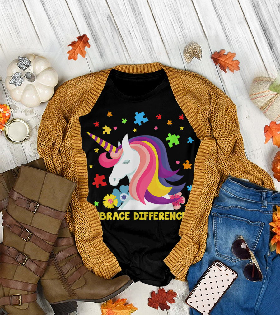 Embrace Differences Unicorn Puzzle Autism Cute Colorful T-Shirt