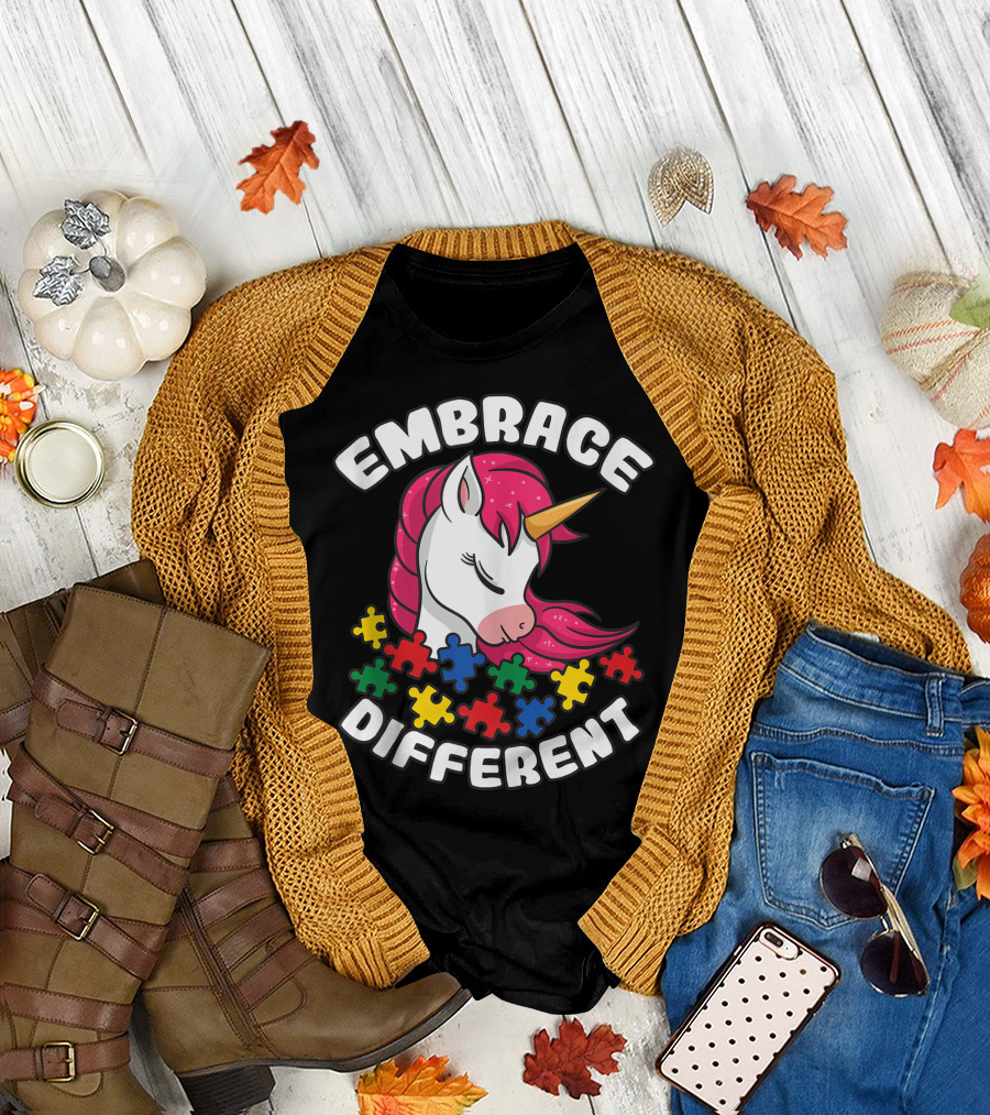 Embrace Different Unicorn Autism Puzzle Pieces Awareness T-Shirt
