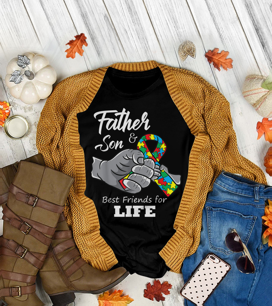 Father Son Best Friends for Life Autism Awareness Puzzle T-Shirt
