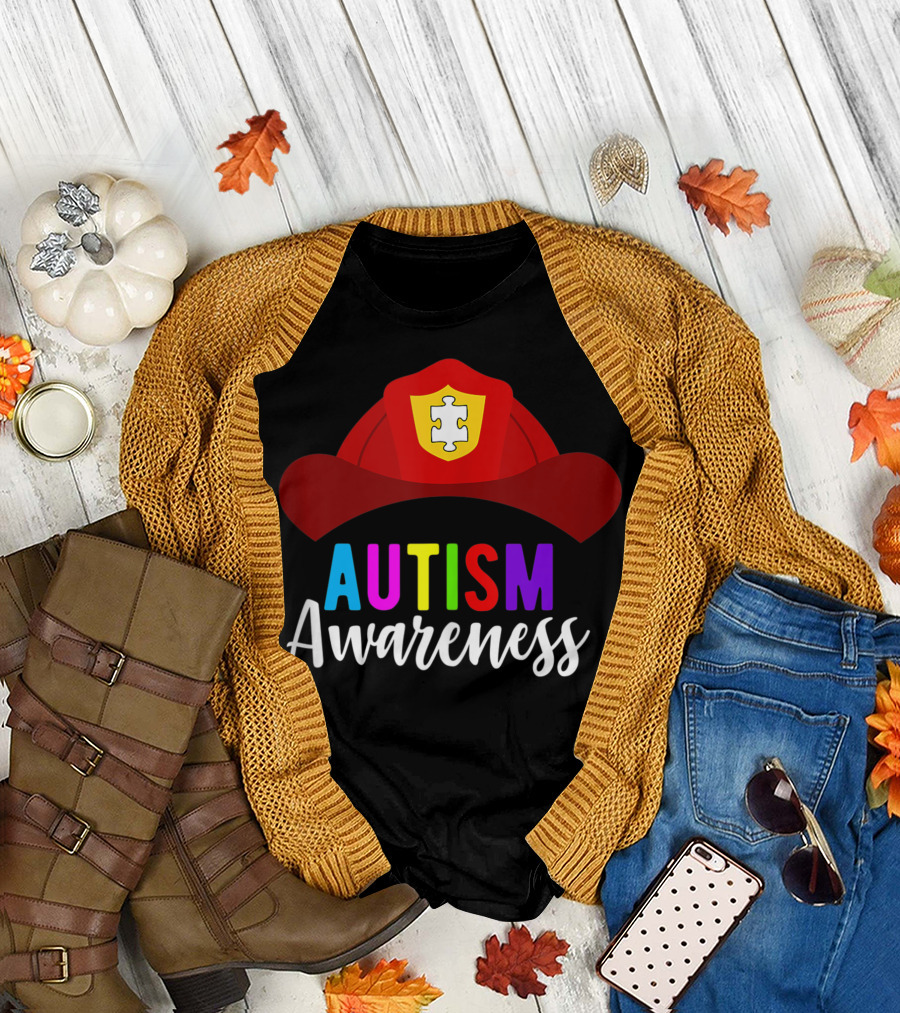 Firefighter Hat with Puzzle Emblem Autism Awareness T-Shirt