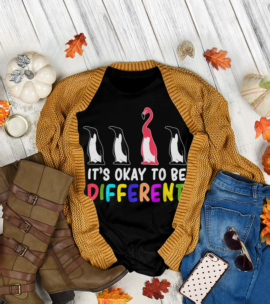 It's Okay To Be Different Flamingo Penguin Autism Awareness Autistic Moms T-Shirt