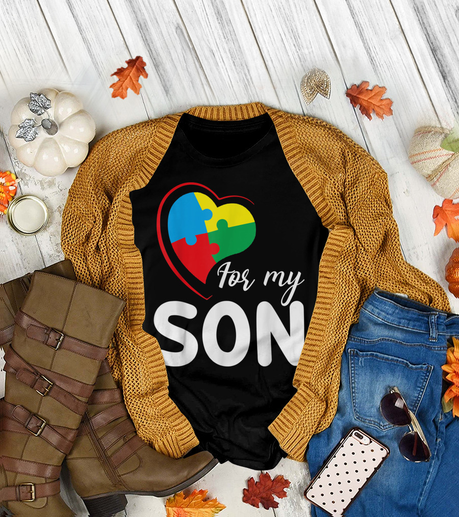 For My Son Autism Awareness Heart Puzzle T-Shirt