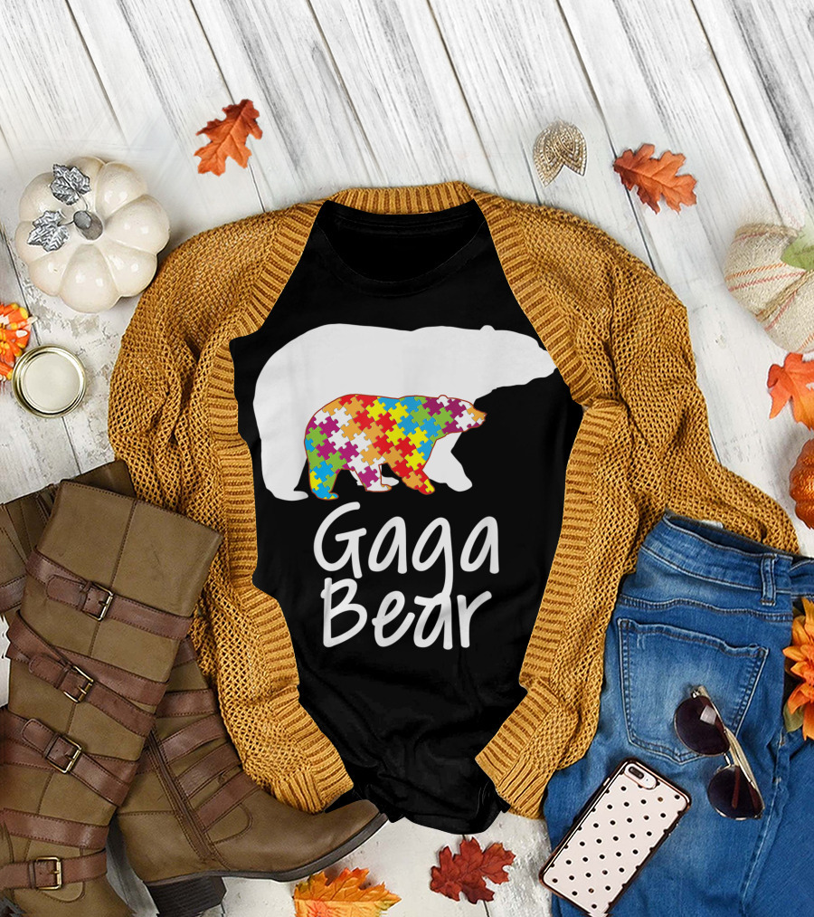 Gaga Bear Autism Awareness Rainbow Puzzle Ribbon Day T-Shirt