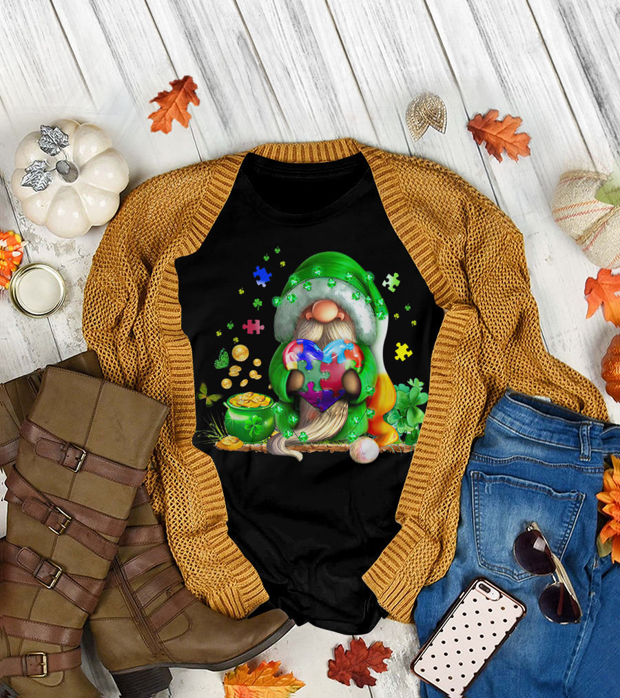 Gnome Embracing Autism Puzzle Heart with Shamrock and Pot of Gold Elements T-Shirt
