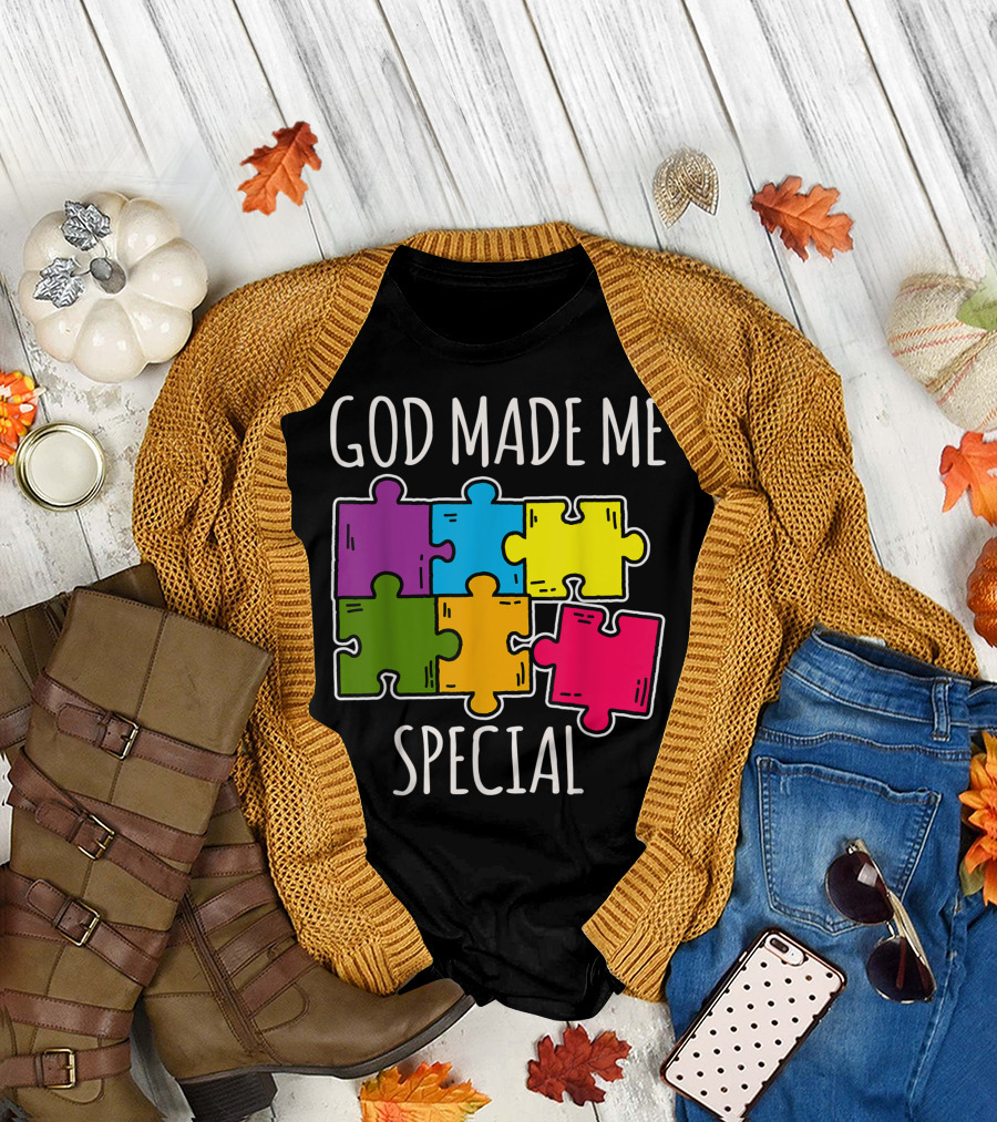 God Made Me Special Autism Awareness Colorful Puzzle Pieces T-Shirt