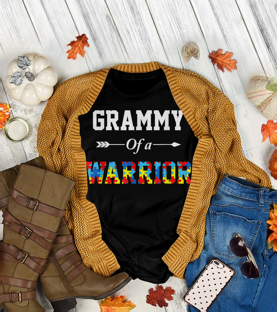 Grammy Of A Warrior Autism Awareness Puzzle Pattern Family Support T-Shirt