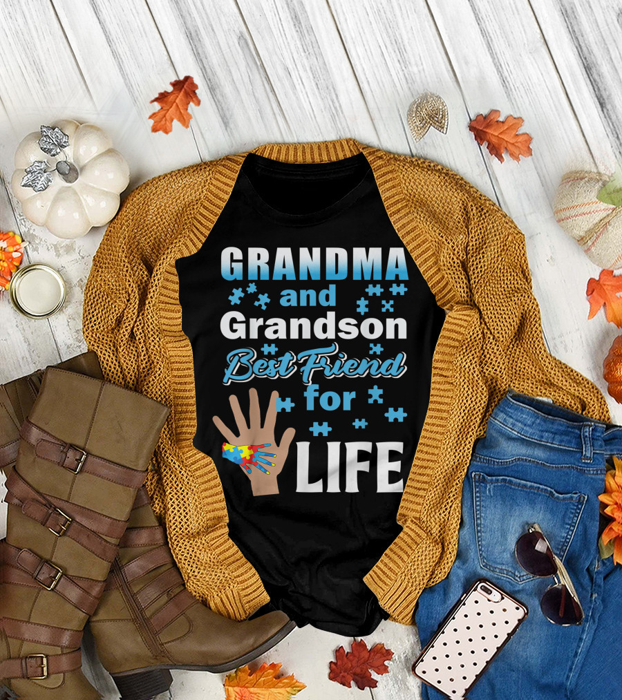 Grandma And Grandson Best Friend For Life Autism Puzzle Pieces and Hand T-Shirt