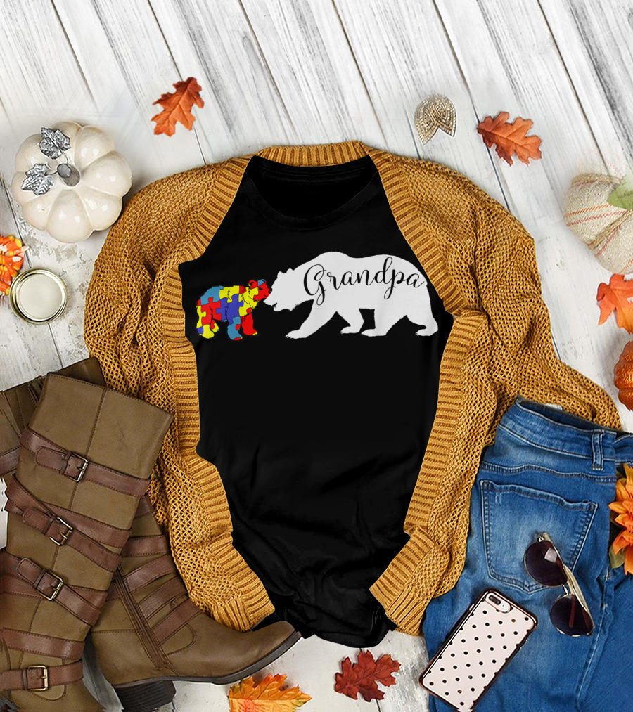Grandpa Bear Autism Awareness Papa Dad Puzzle T-Shirt