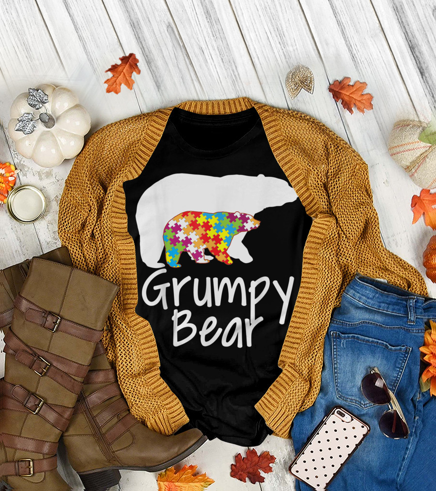 Grumpy Bear Autism Awareness Rainbow Puzzle Ribbon Day T-Shirt