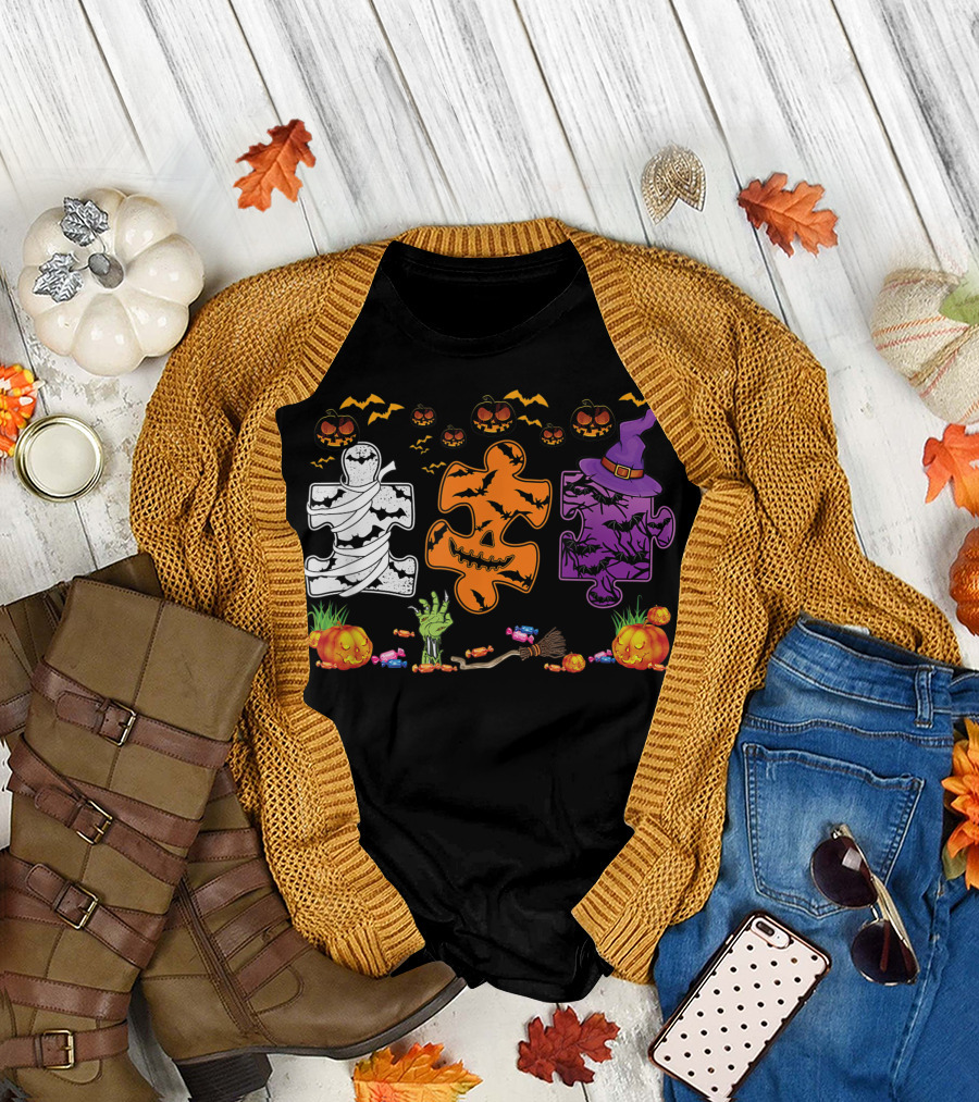 Halloween Witch Autism Pumpkin Awareness Puzzle Bats Mummy Candies T-Shirt
