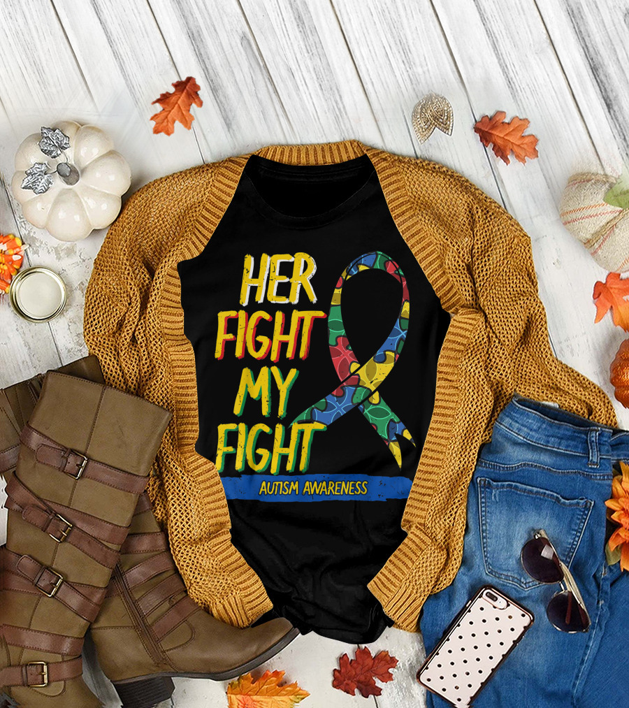 Her Fight My Fight Autism Awareness Ribbon Colorful Puzzle T-Shirt