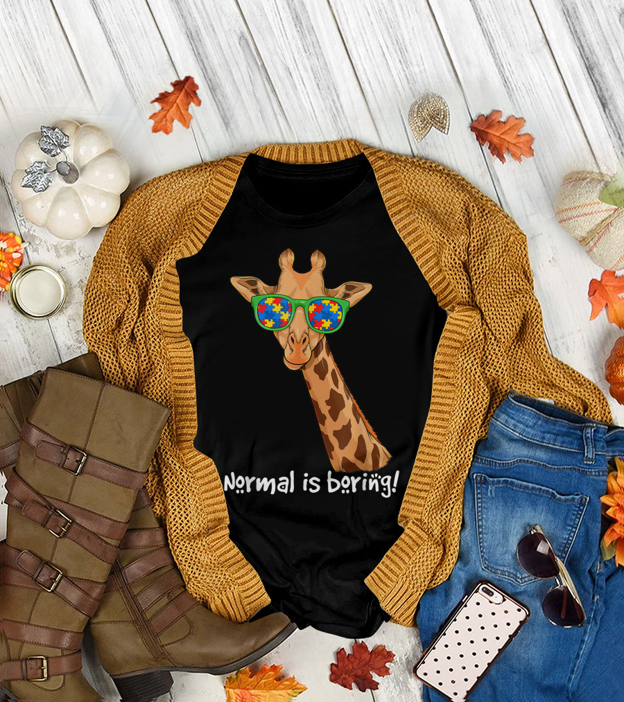 Hipster Giraffe Sunglasses with Puzzle Pattern Normal Is Boring Autism Awareness T-Shirt
