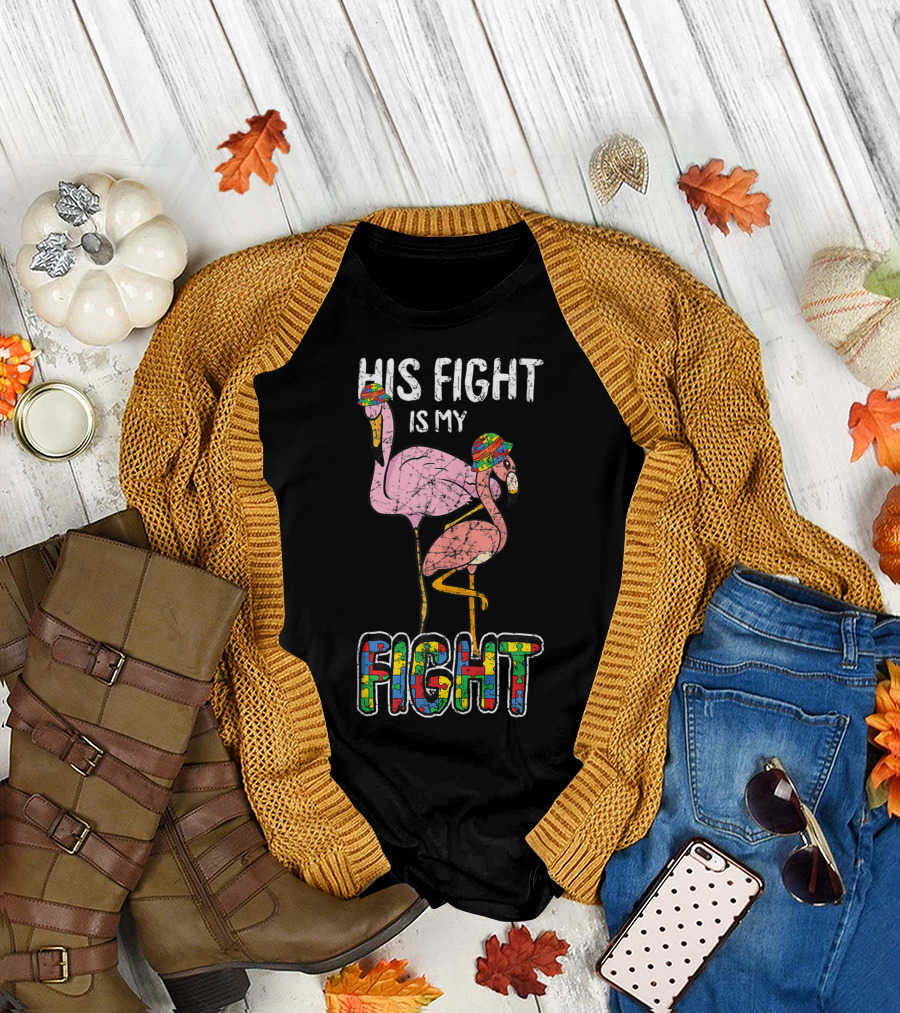 His Fight Is My Fight Autism Awareness Flamingo Hats Colorful Puzzle T-Shirt