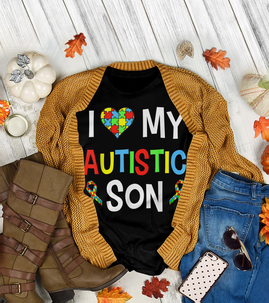 I Love My Autistic Son Autism Awareness Puzzle Heart T-Shirt