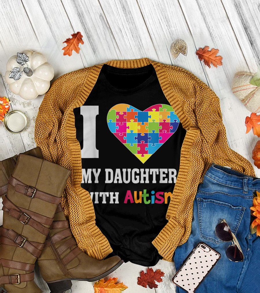 I Love My Daughter With Autism Colorful Puzzle Heart T-Shirt