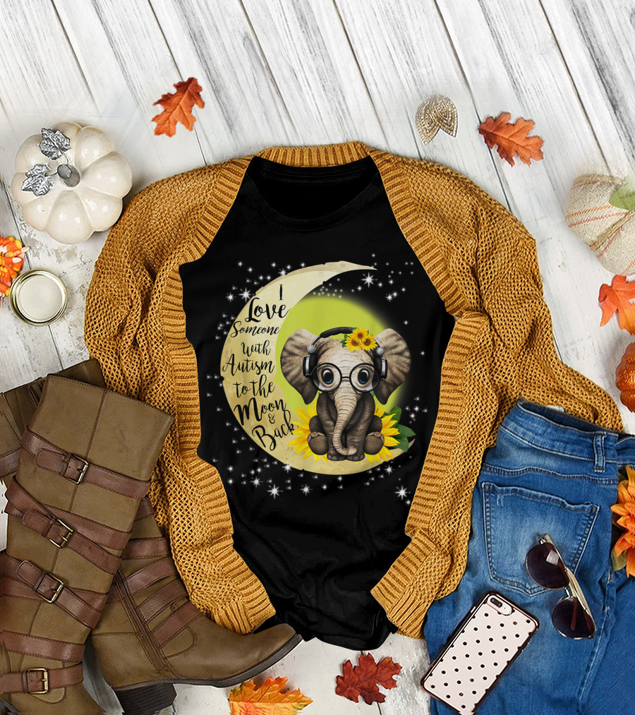 I Love Someone With Autism to the Moon and Back Elephant with Headphones and Sunflowers on Crescent Moon and Stars T-Shirt