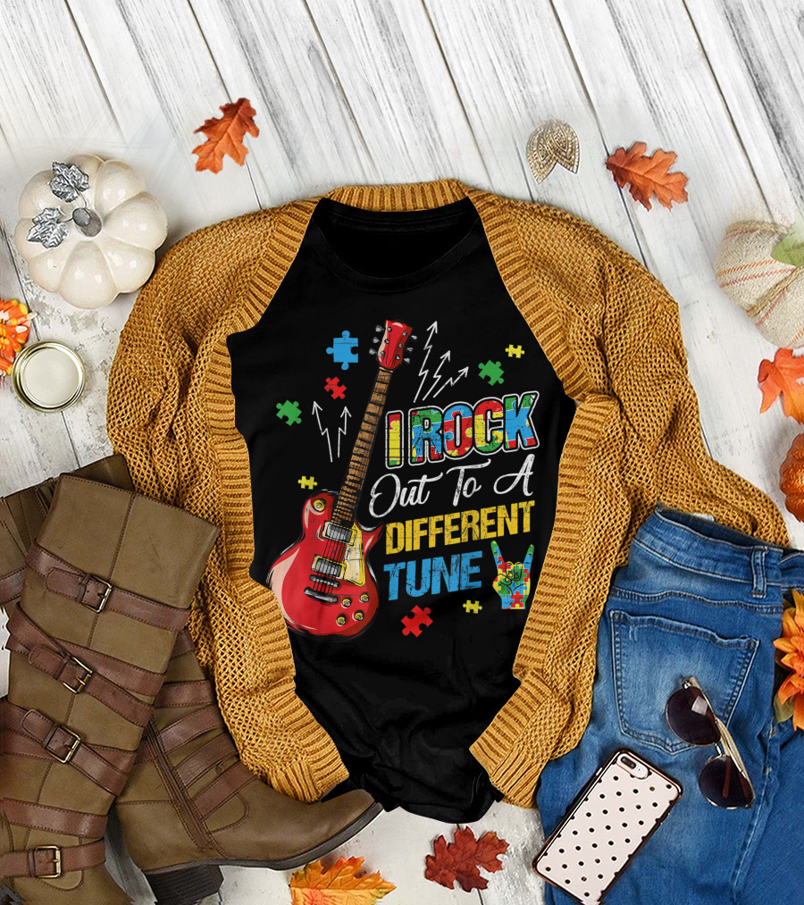 I Rock Out To A Different Tune Autism Awareness Guitar Puzzle Pieces T-Shirt