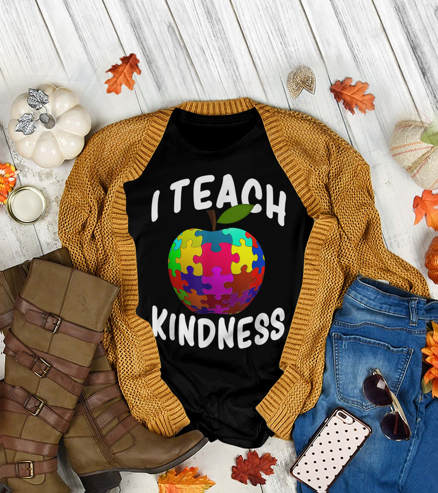 I Teach Kindness Autism Awareness Puzzle Apple Autism Teacher T-Shirt