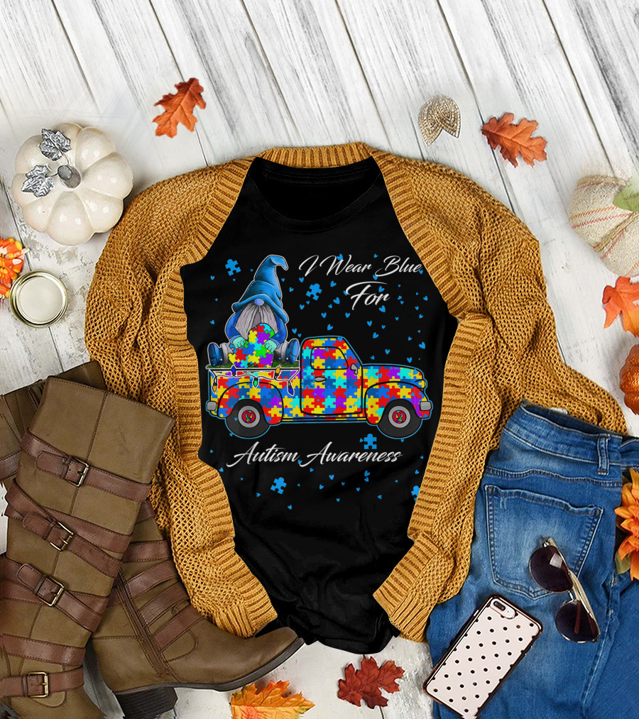 I Wear Blue For Autism Awareness Gnomes Truck Puzzle Heart T-Shirt