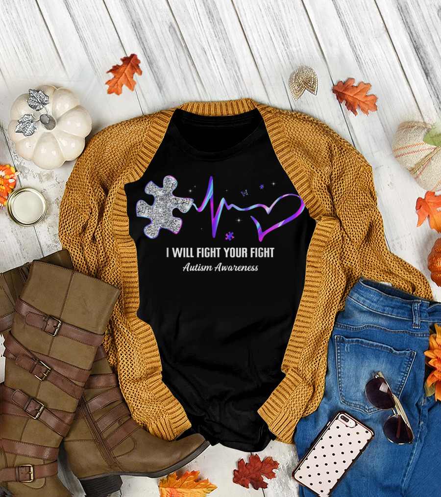 I Will Fight Your Fight Autism Awareness Puzzle Heartbeat Butterfly T-Shirt