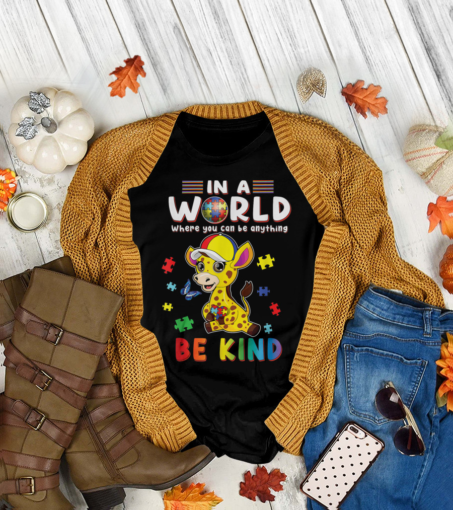 In A World Where You Can Be Anything Be Kind Giraffe Puzzle Autism T-Shirt