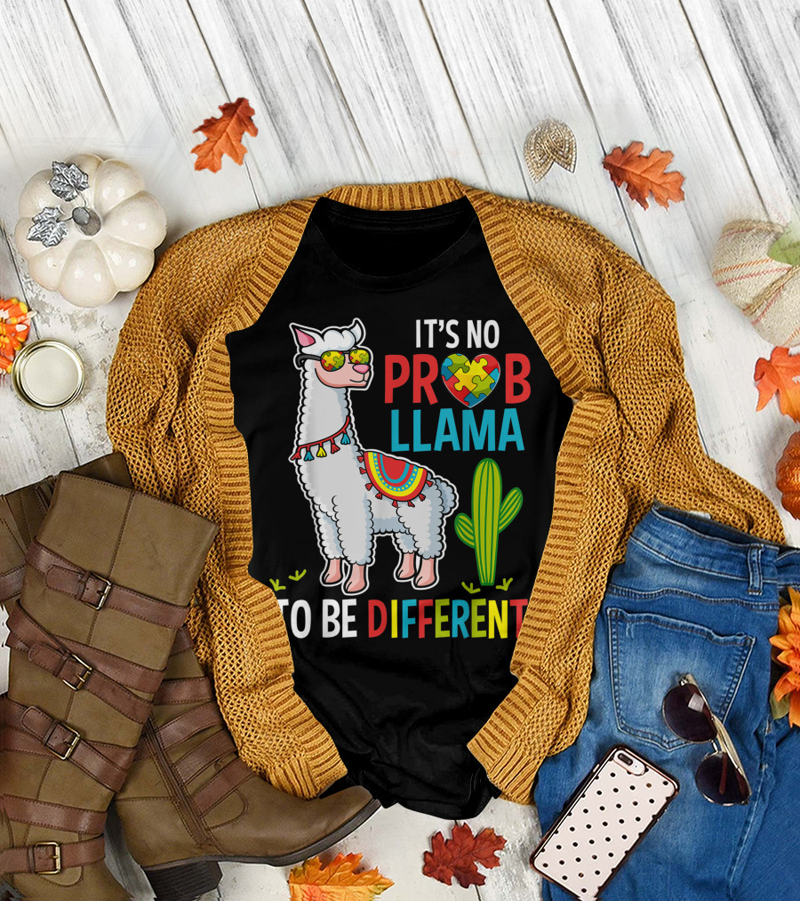 It's No Prob Llama To Be Different Autism Llama Puzzle Heart T-Shirt