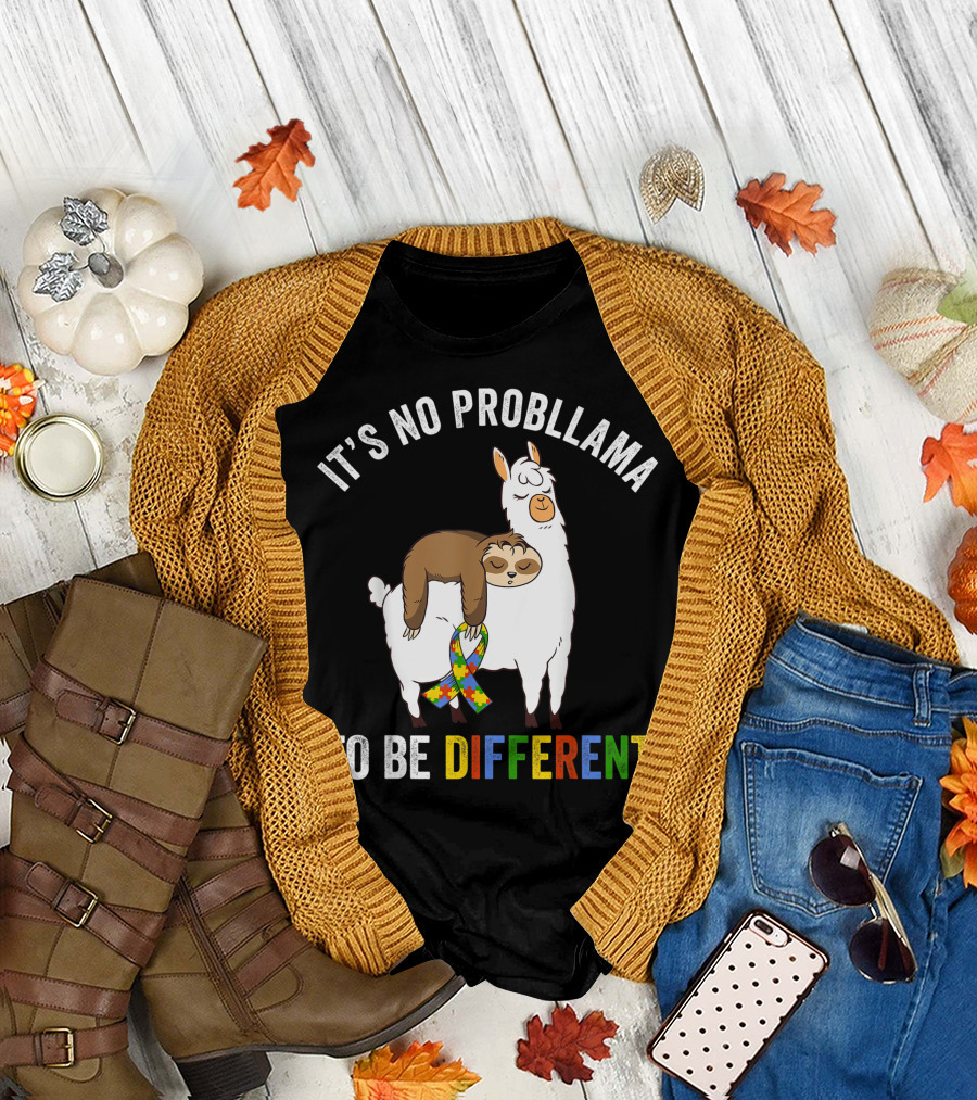 It's No Probllama To Be Different Cute Autism Llama Sloth T-Shirt