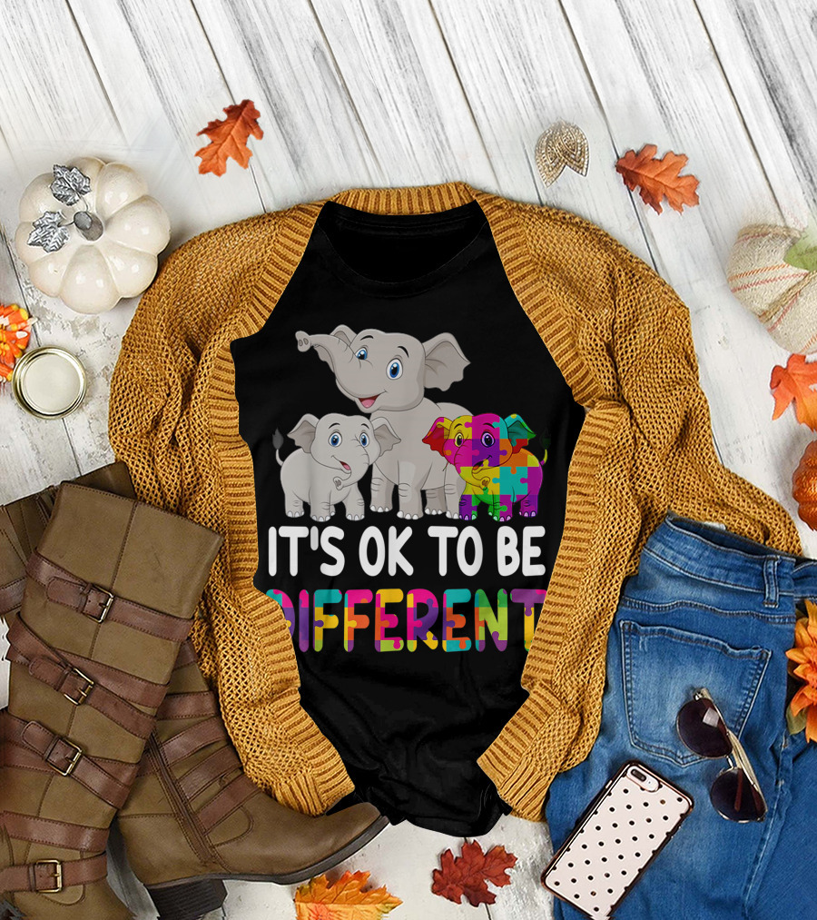 It's OK to Be Different Autism Awareness Elephant Lover Puzzle Piece Elephants T-Shirt