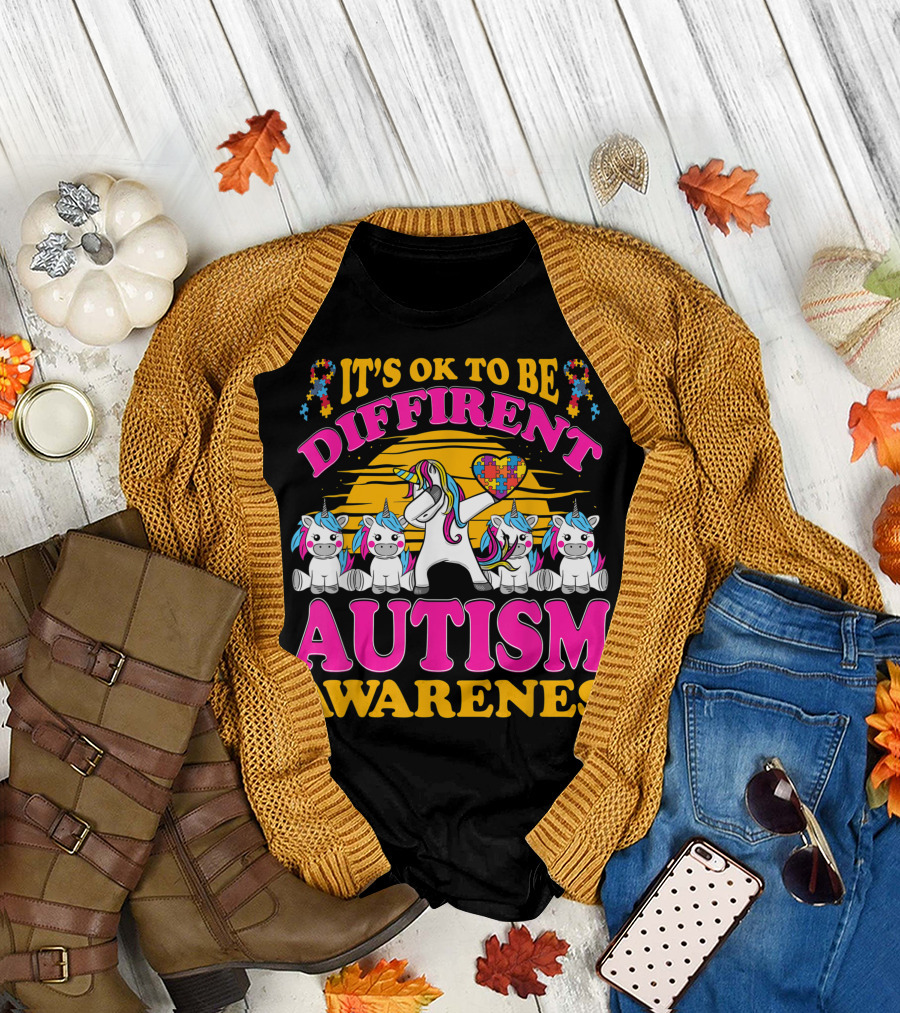 IT'S OK TO BE DIFFERENT AUTISM AWARENESS UNICORN PUZZLE HEART T-Shirt