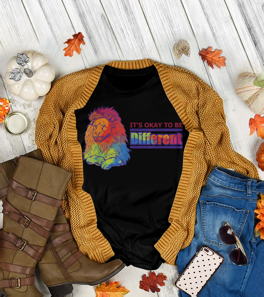 IT'S OKAY TO BE DIFFERENT Autism Support Unique Lion Rainbow T-Shirt