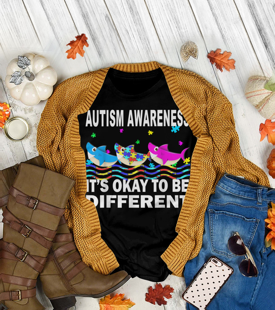 Autism Awareness It's Okay to Be Different Sharks Puzzle Pieces T-Shirt