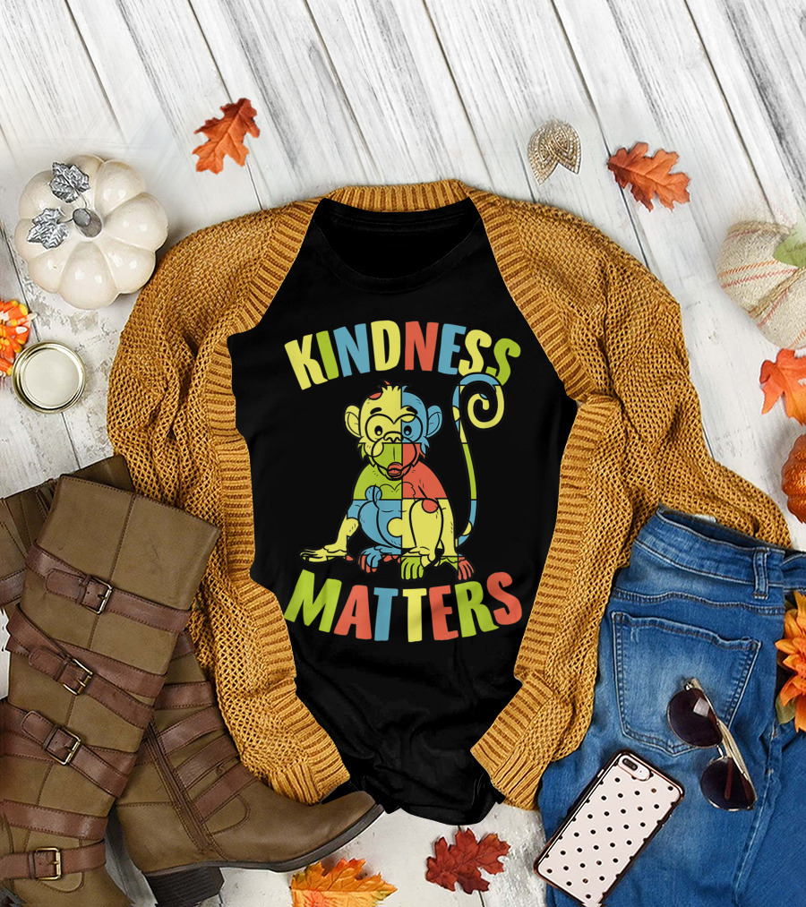 Kindness Matters Autism Puzzle Piece Monkey Colorful T-Shirt