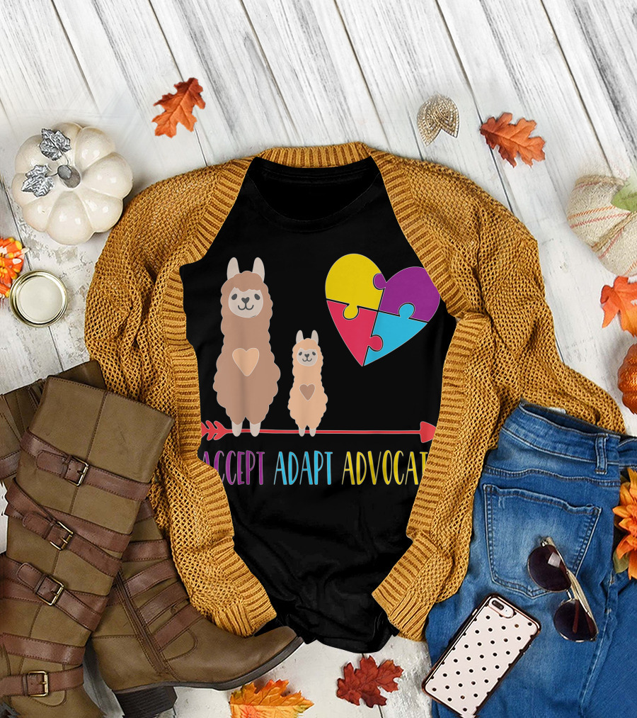 Accept Adapt Advocate Llama Mom Kid Heart Autism Awareness Puzzle T-Shirt