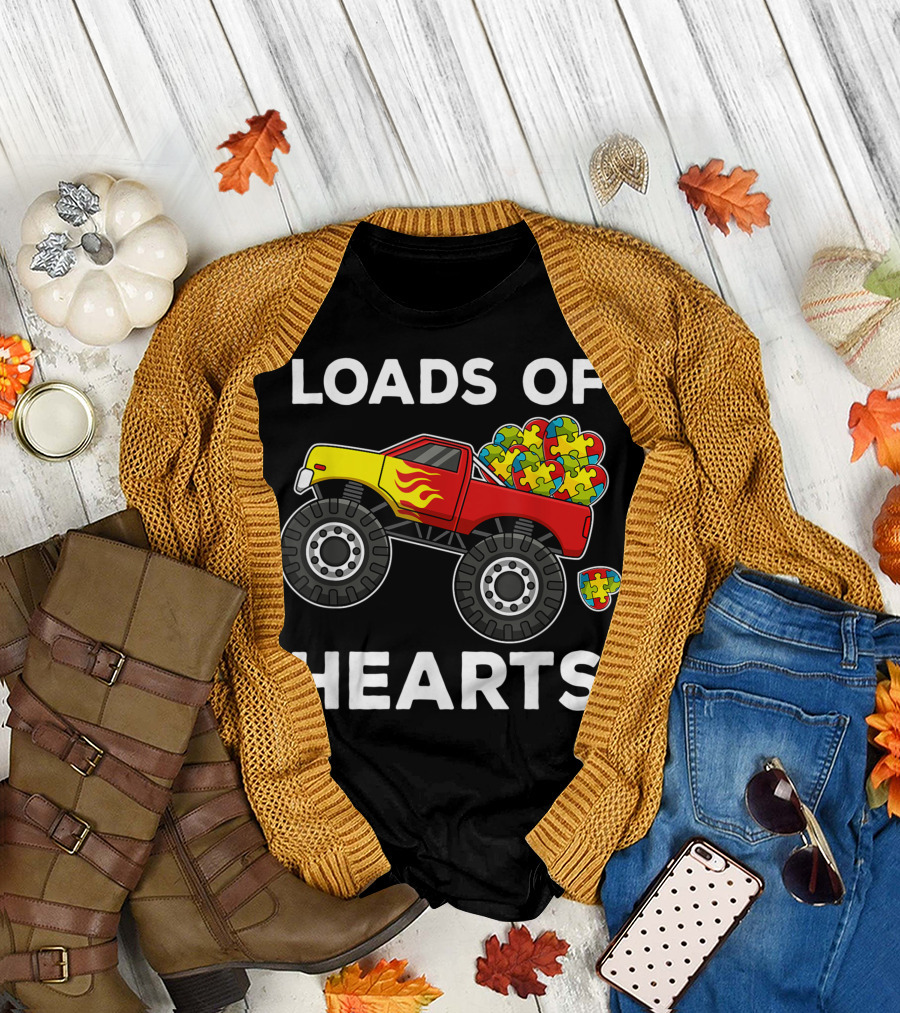 Loads of Hearts Puzzle Pieces Autism Awareness Monster Truck T-Shirt